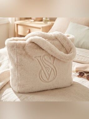 Victoria's Secret Ivory Faux Fur Tote with VS logo Embroidered,